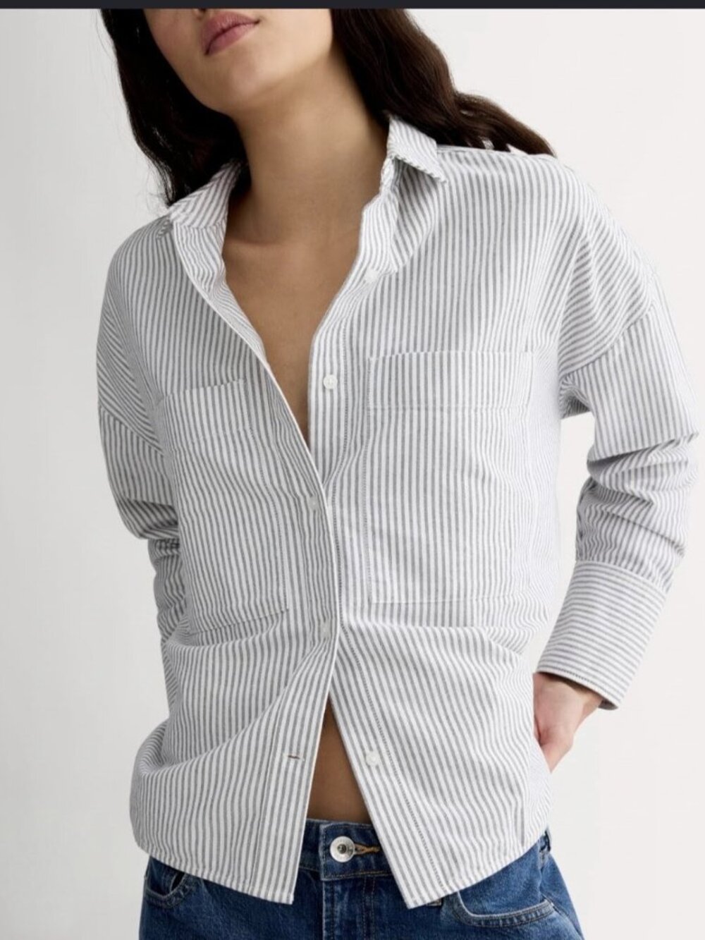 EVERLANE The Boxy Oxford Shirt Gray White Organic Cotton Long Sleeve Size M NWOT